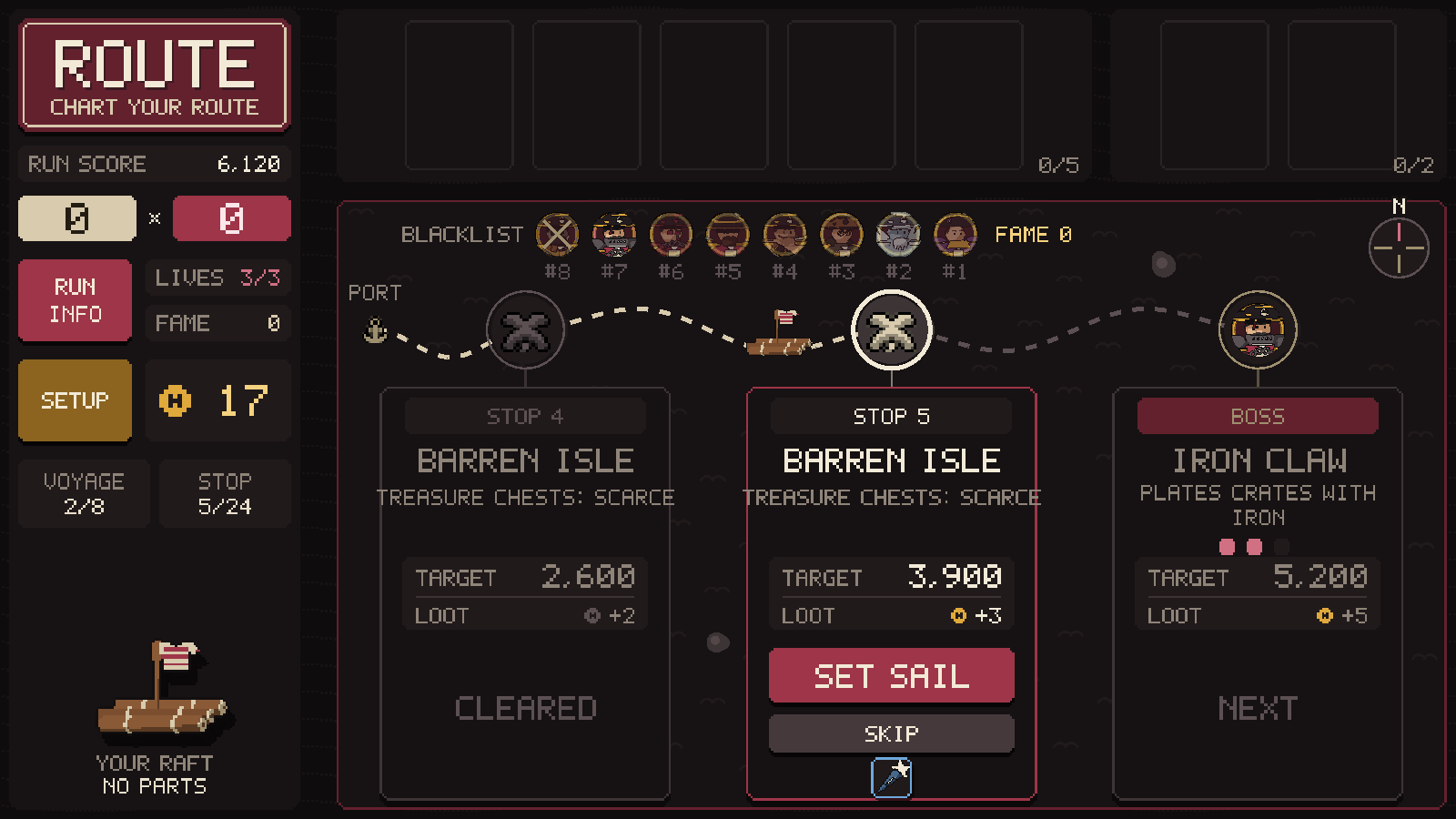 Route screen: two islands and a boss stop, with the Blacklist on top
